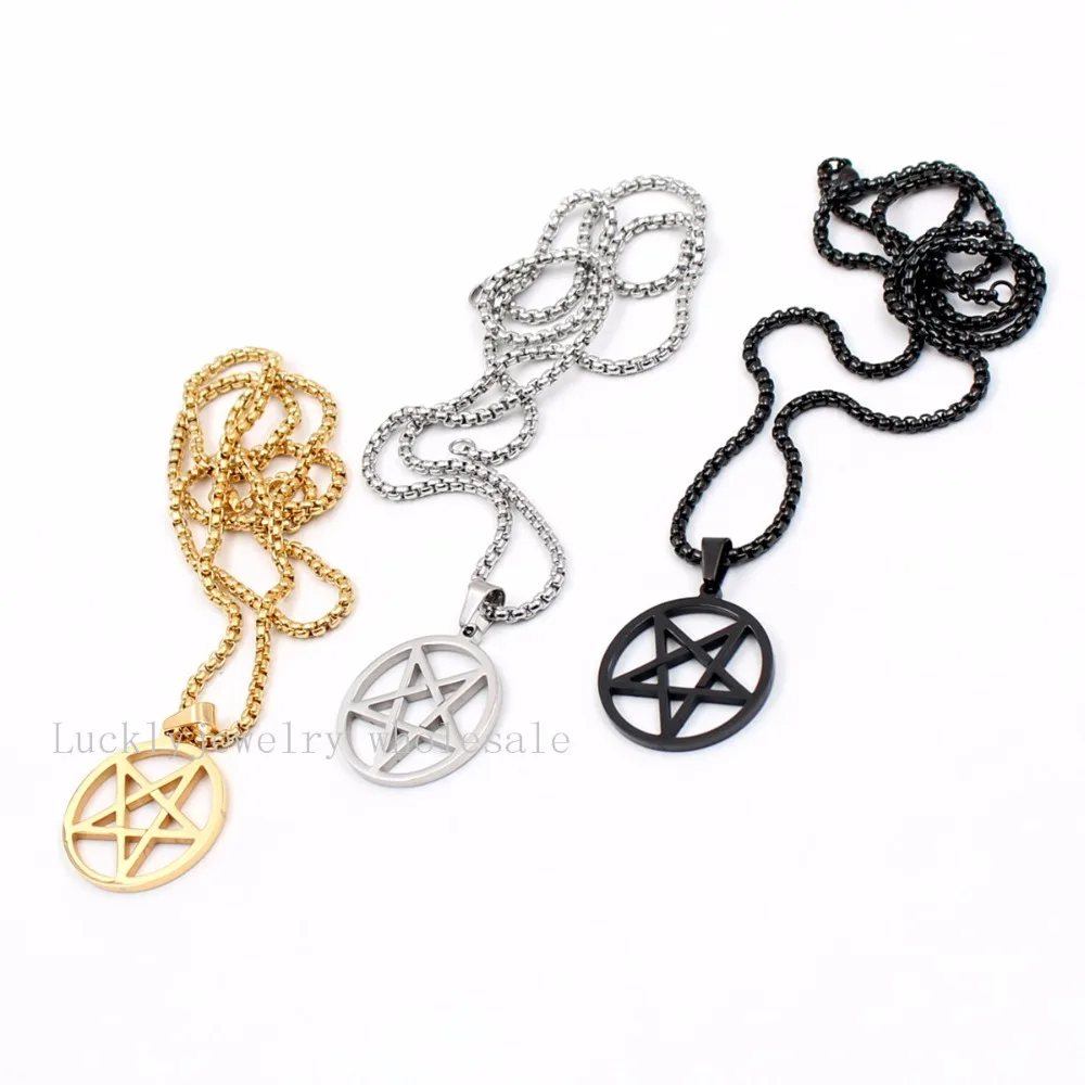 24\'\' Punk Trendy 3mm Square Rolo Chain Stainless Steel 30mm Wicca Inverted Pentagram religion Pendant necklace