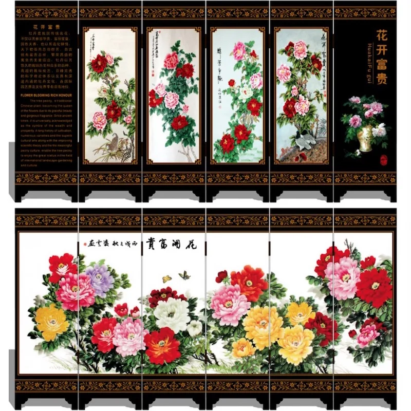 Mini Screen Folding Screens, 6 Joined Panels, Decorative Painting, Wood, Flower, Blossom, Chinese Ancient Culture Gift