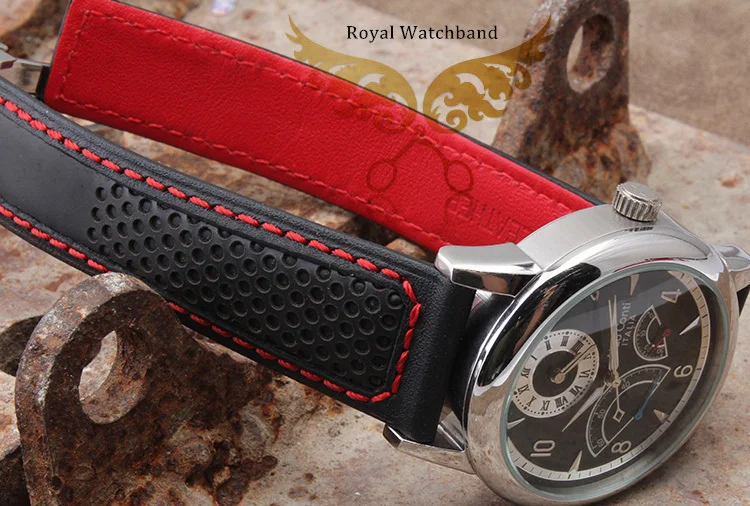 22mm New High Quality Stainless Steel Butterfly Buckle Red Stitched Black Genuine Leather Watch bands Strap For BRAND