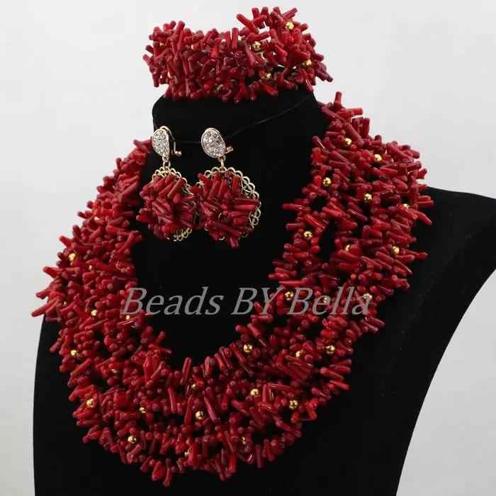 Gorgeous Red Coral Beads Jewelry Set Fashion African Wedding Nigerian Party Necklace Set Real Coral Beads  Free Shipping ABL251