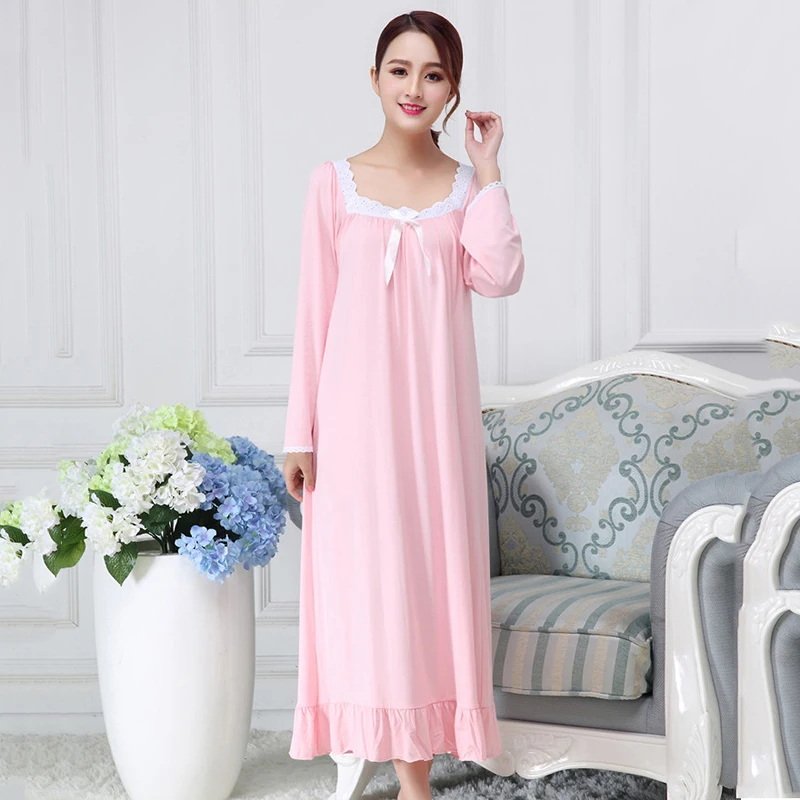 Spring Autumn Cotton Modal Nightdress Nightgown For Women Long Sleeve Loose White Princess Home Wear Sleepwear Sleepdress