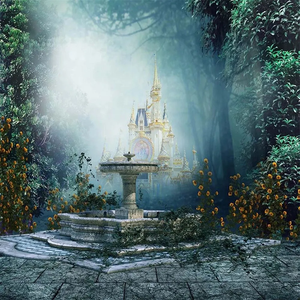 

Mysterious Forest Castle Photography Background Printed Trees Yellow Flowers Princess Garden Wedding Party Photo Booth Backdrop