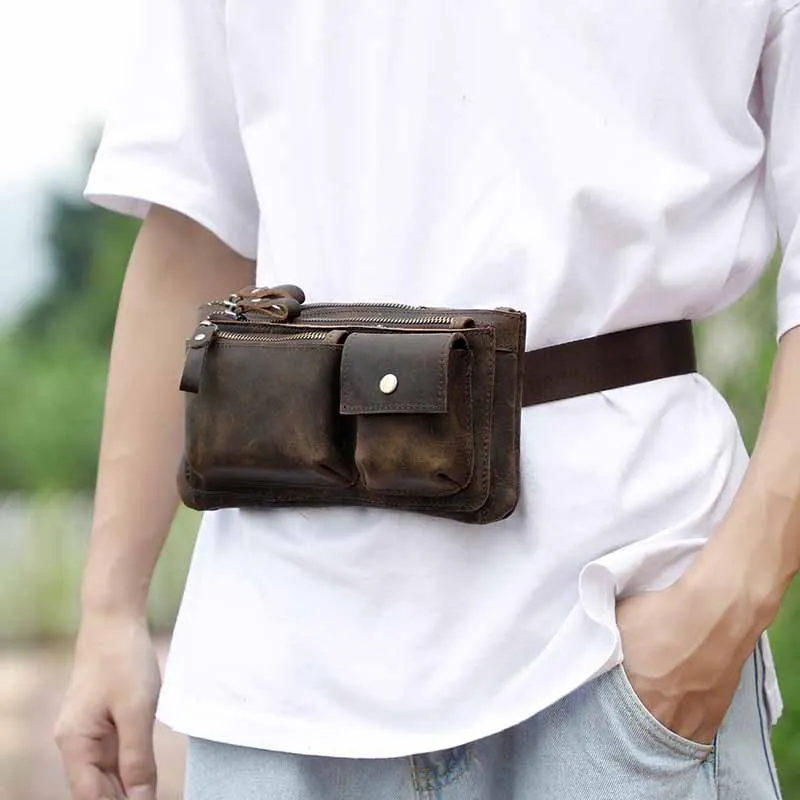 New Quality Leather men Casual Fashion Travel Waist Belt Bag Chest Pack Sling Bag Design Phone Cigarette Case Pouch Male 811-29