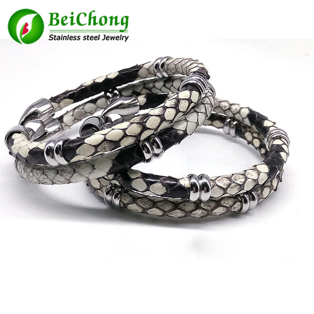 (10 pieces/lot) Mens Black Python Skin Leather Bracelets Real Python Skin Leather With Stainless Steel Buckle Bead Bracelet