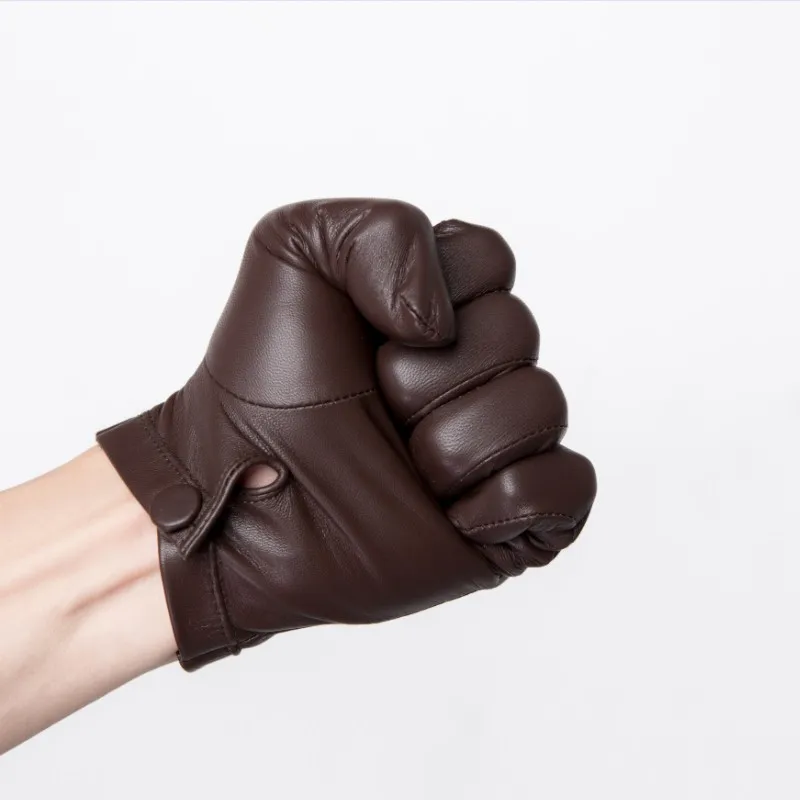 Men\'s Unlined Luxury Italy Thin Leather Gloves Wrist Button Tight-Fitting Leather Gloves Winter Warm Driving Touch Screen