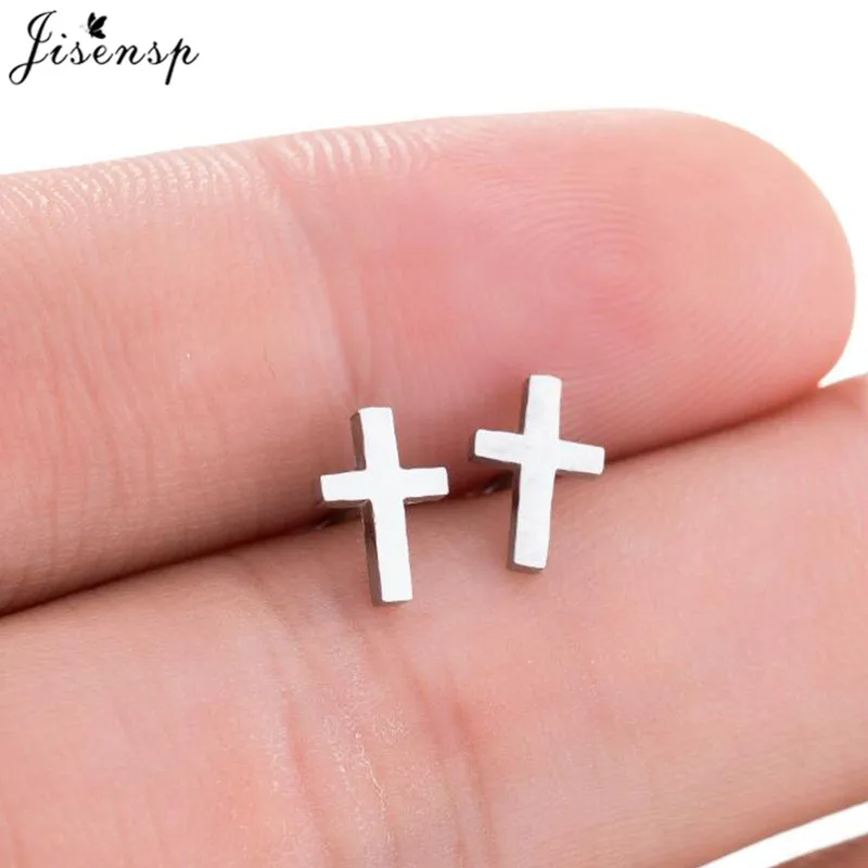 Jisensp Women Stainless Steel Cross Stud Earrings for Girls Fashion Studs Earrings Jewelry Earrings Tiny Simple Jesus Oorbellen