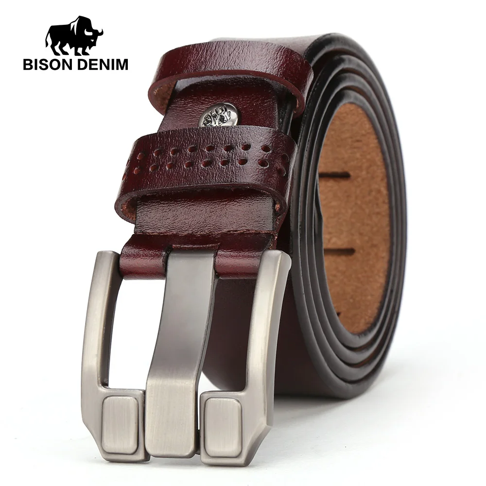 BISON DENIM Men\'s Genuine Leather Belts High Quality Retro Pin Buckle Belts For Father Husband Friends Waistband Strap For Jeans