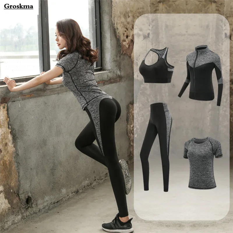 Quick dry women sportswear yoga set fitness gym yoga clothing suit sets coat+bra+t shirt+leggings 2019 workout running training