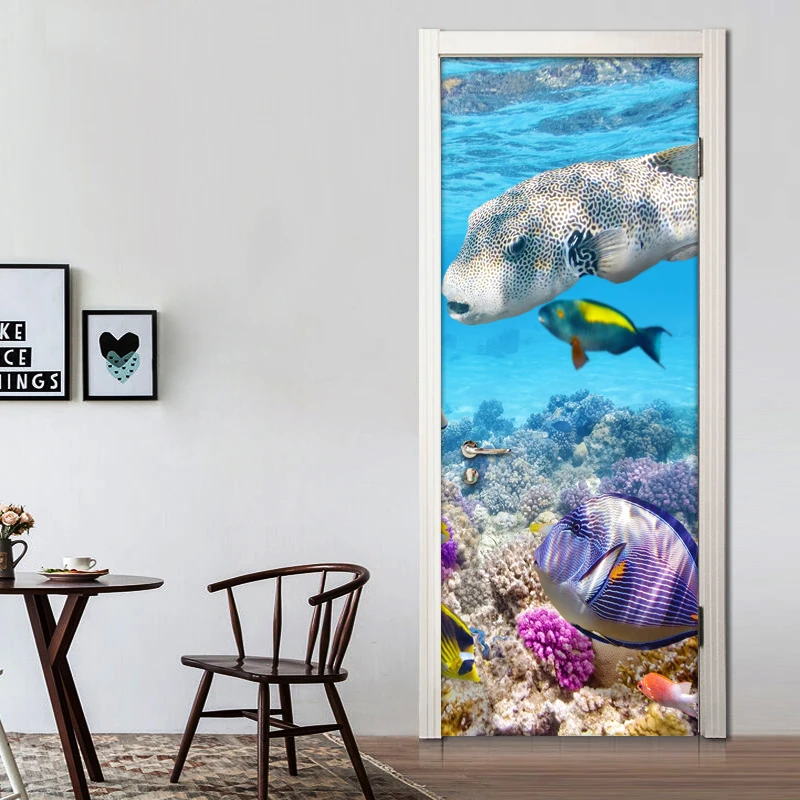 Underwater World Coral Fish Modern Living Room Bedroom Bathroom Door PVC Mural Wall Sticker Waterproof Self-adhesive Wallpaper