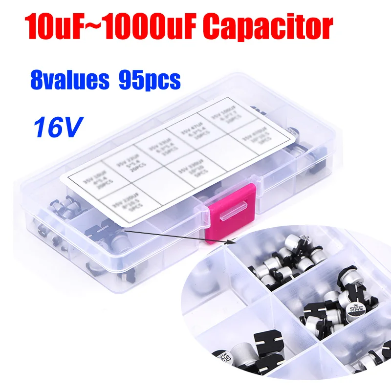 

8values total 95pcs SMD 16V 10uf~1000uf Aluminum Electrolytic Capacitor Assortment Pack Plastic Box Kit