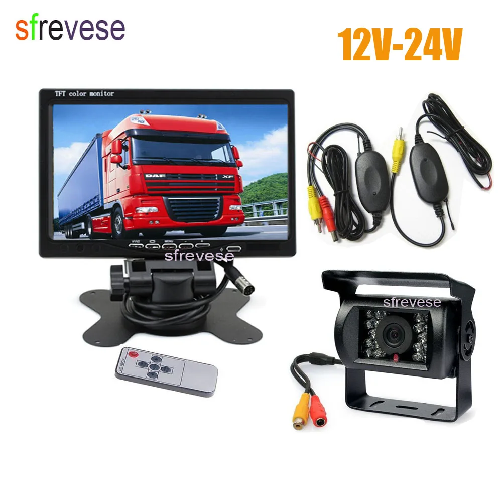 

7" LCD Monitor Car Rear View Kit + Waterproof 18 IR LED Wireless Reversing Backup Camera for Bus Truck 12V-24V rear view camera