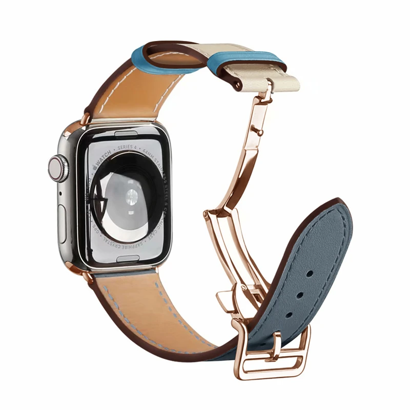 Rose Gold Buckle Strap For Apple Watch 44mm 40mm Leather Single Tour Deployment Replacement Wristband For iWatch 4 3 2 1 Band