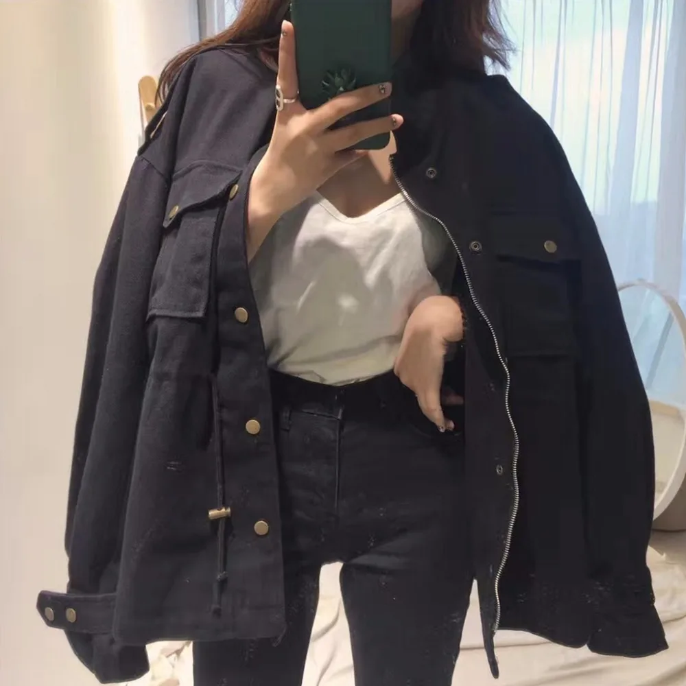 Korean version of the Spring and Autumn women\'s tooling was thin collar loose drawstring uniform coat cardigan jacket wild