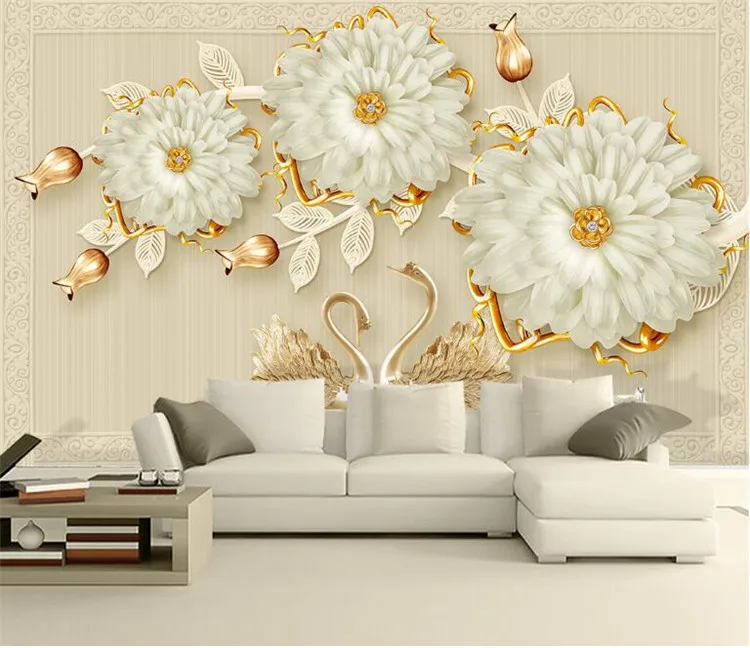 

3d Luxury Jewelry Flower Swan Romantic TV Wall wall papers home decor papel de parede para quarto wall paper