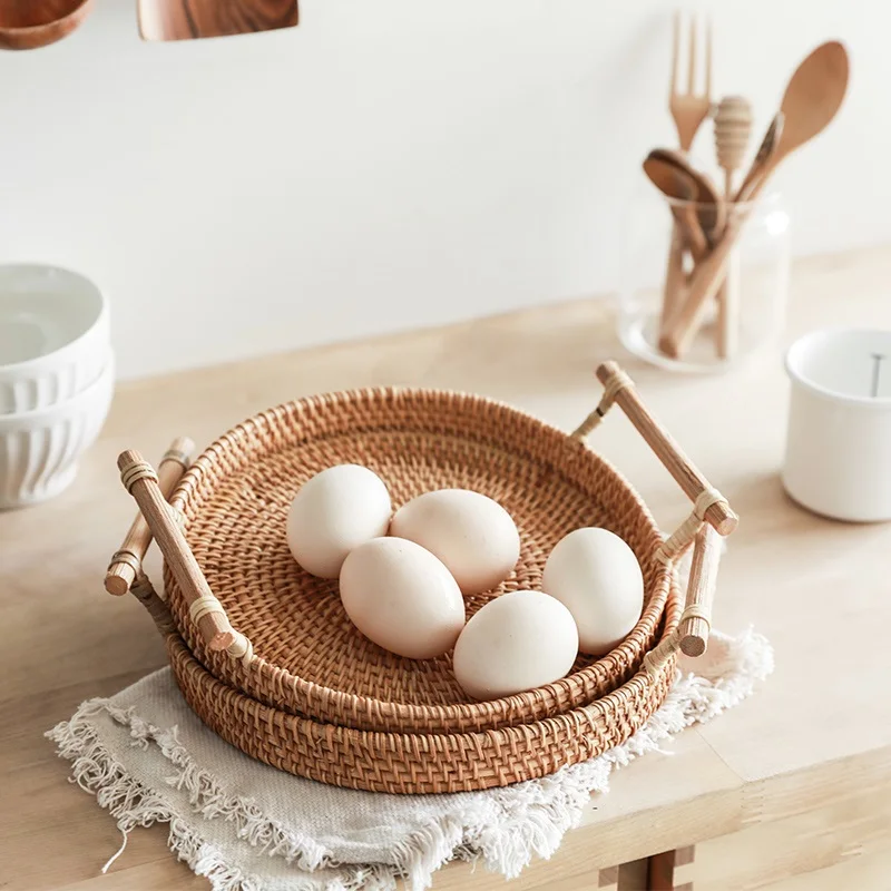 Retro manual rattan bread basket double handle circular tray fruit basket tea table snack  basket