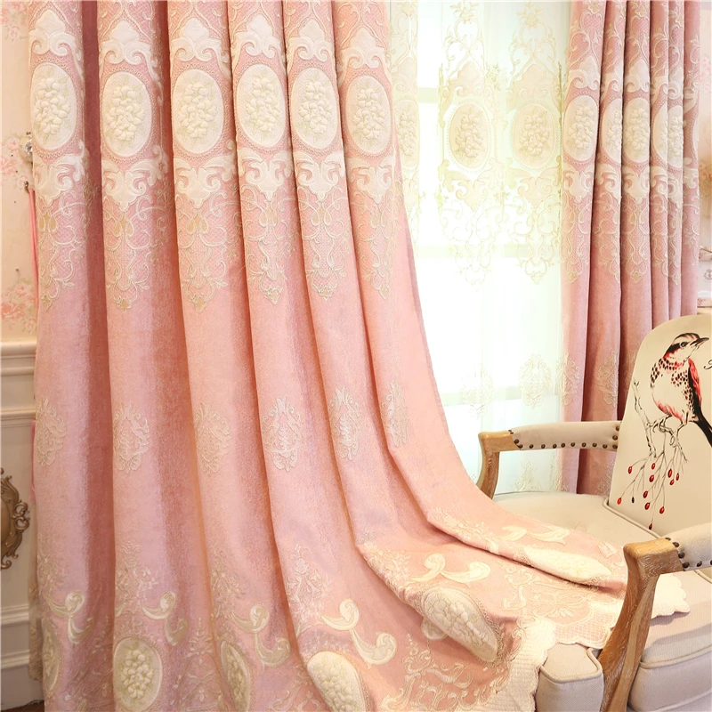 New luxury chenille embroidered curtains finished custom for living room high quality pink blue curtains for bedroom  girls room