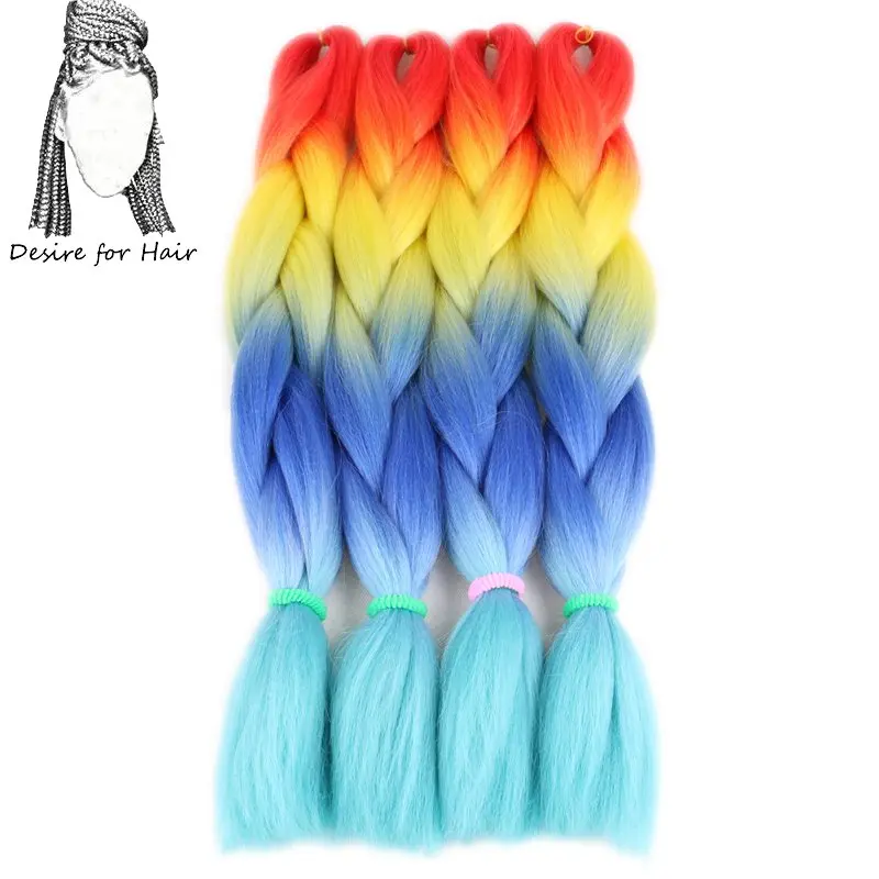 

Desire for hair 10packs per lot 24inch 100g heat resistant synthetic ombre jumbo braiding box hair red yellow blue green 4 tone