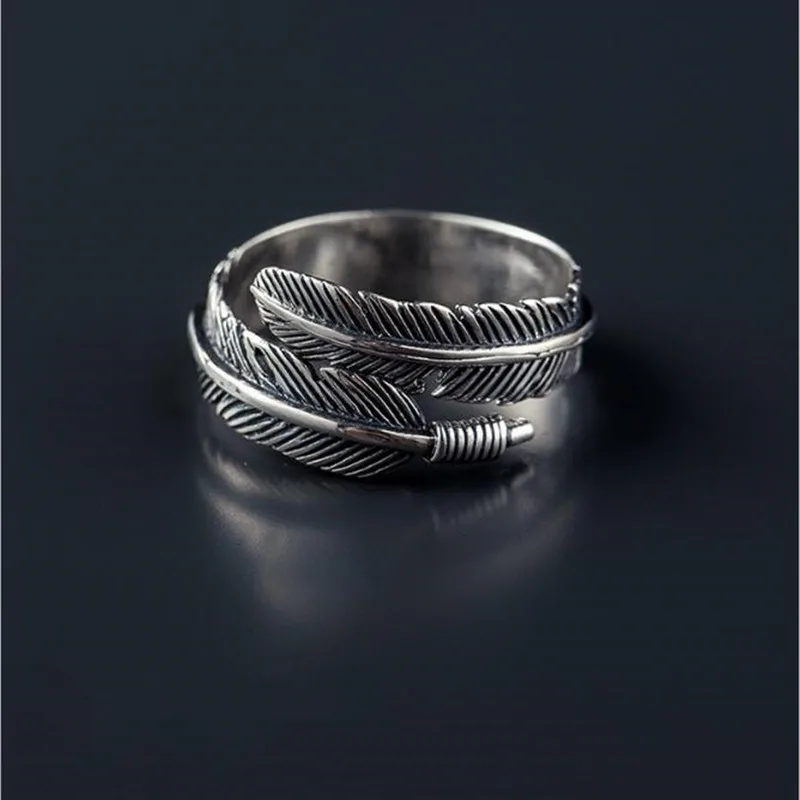 Retro High-quality 925 Sterling Silver Jewelry Thai Silver Not Allergic Personality Feathers Arrow Opening Rings   R192