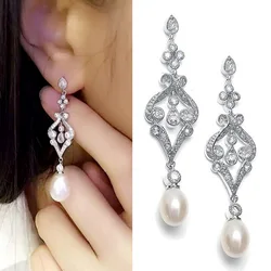 Floralbride Vintage CZ Crystal Ivory Pearl AAA Grade Fashion Cubic Zircon Earring Wedding Dangle Pearls Earrings Bridal Earring