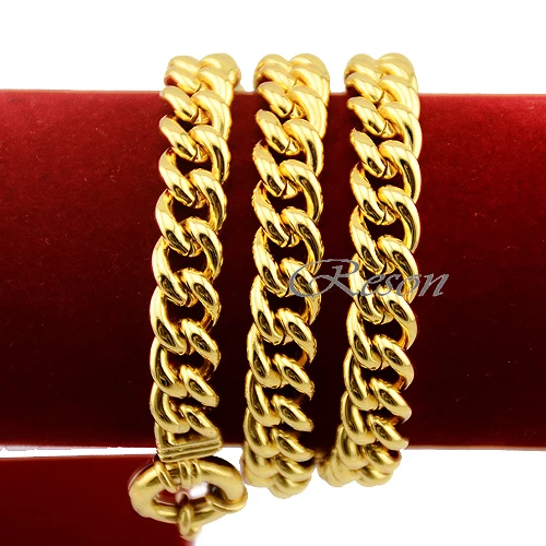 1pcs Chunly Heavy Wide 10MM Chains Man Woman Gift Yellow Gold Color  Link Curb Necklace 20inch Bracelet