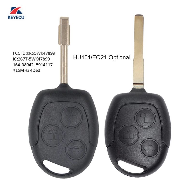 

KEYECU 315MHz 4D63 Chip FCC: KR55WK47899 Replacement 3 Button Remote Car Key Fob FO21 HU101 Blade for Ford Transit Connect