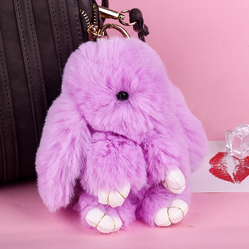 Mode 18CM Nette Pluff Hase Schlüsselbund Rex faux Kaninchen Fell pompon Schlüssel Kette Für Frauen Tasche Anhänger auto Flauschigen pelz Pom Pom Puppe