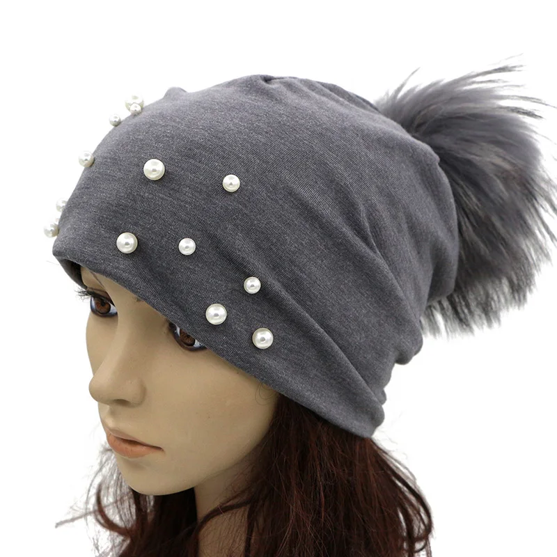 GZHiLoving 2017 Spring New Design Slouch Beanies Pompom Hats Women Girls Ladies Spring Thin Hats With Pearl Loose Fur Pompom Hat