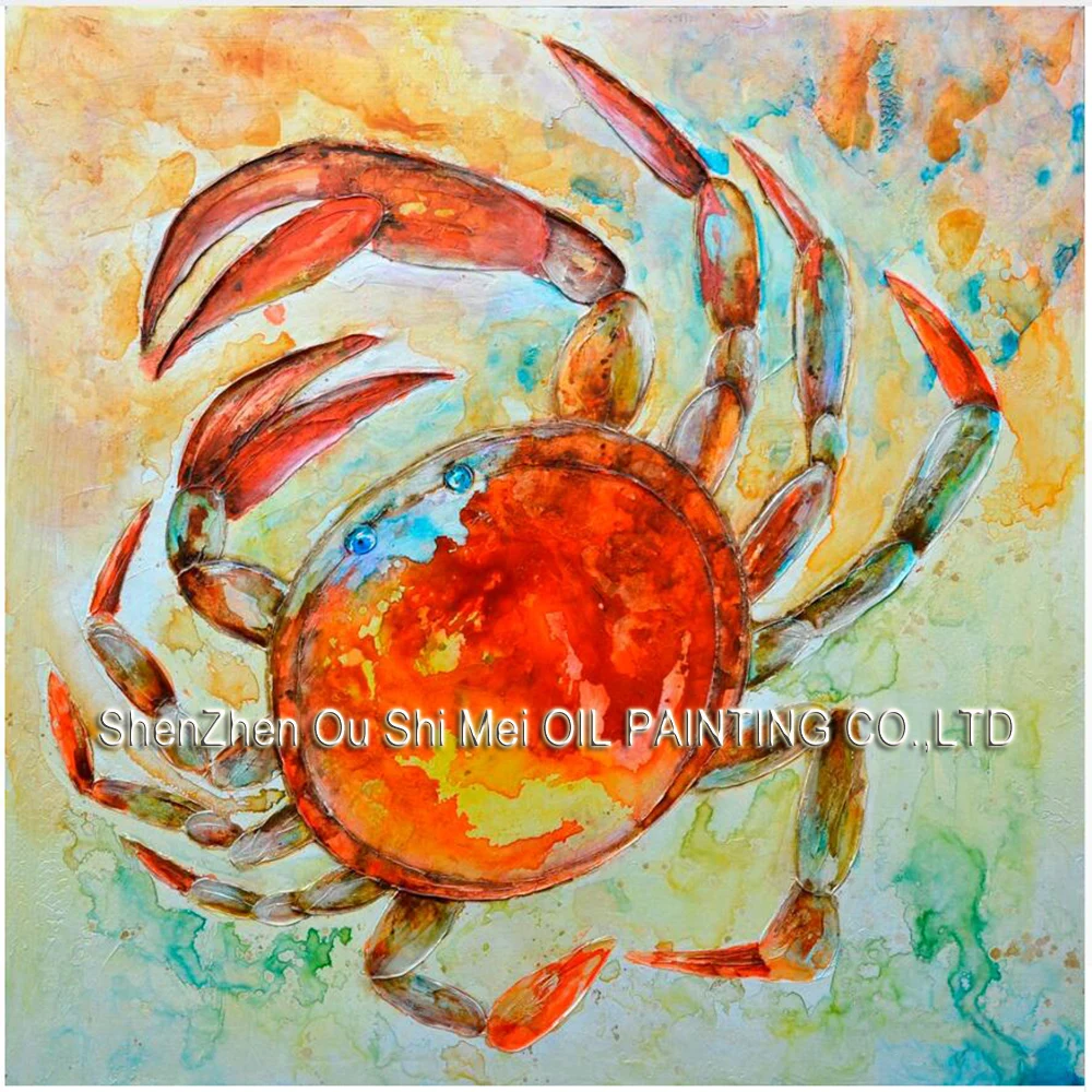 Water Colour Animal Home Decor Wall Art Handmade Crab Oil Painting on Canvas Seafood Restaurant or Kitchen Decoration