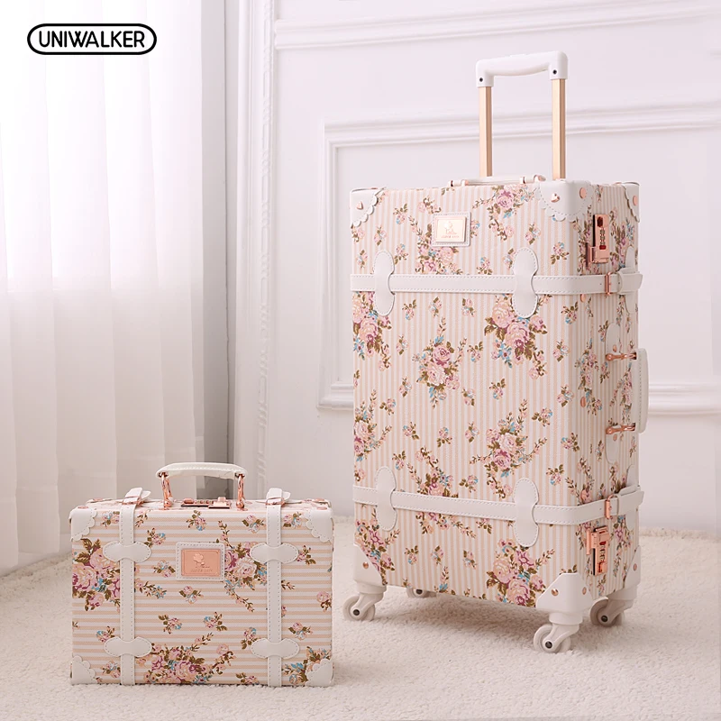 UNIWALKER 2PCS/SET Vintage Floral PU Travel Luggage,13