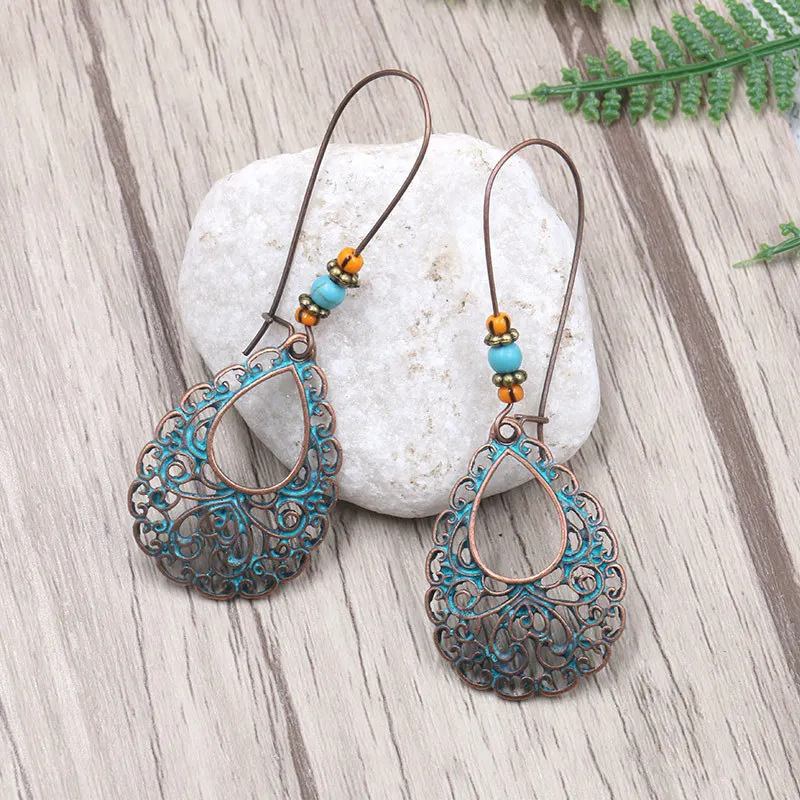 Vinage-pendientes de aro con colgante de tótem hueco verde antiguo para mujer, cuentas bohemias étnicas bohemias, pendientes de gota de agua