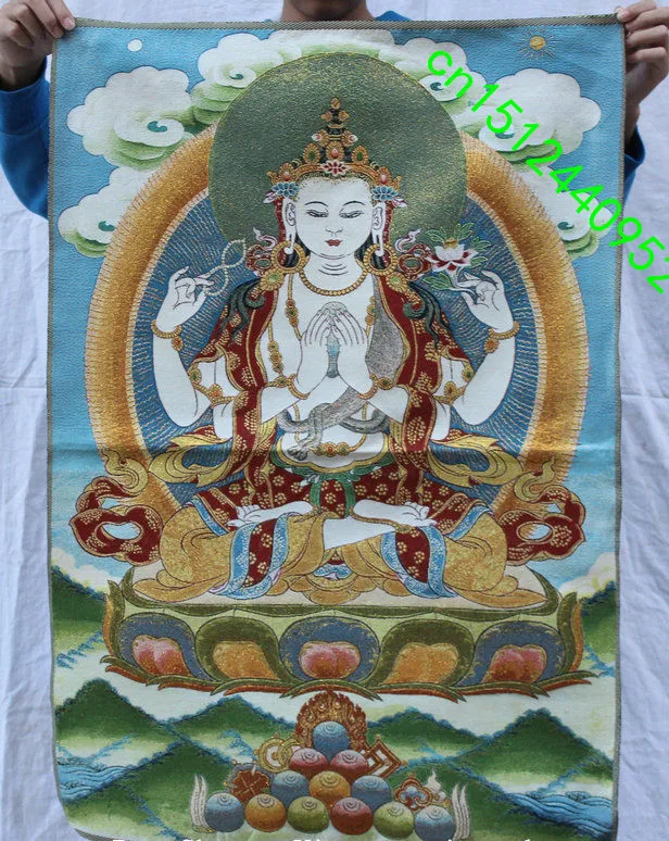 36 inch Chinese Folk Silk embroidery 4 arms Chenrezig Buddha Thangka Painting Mural