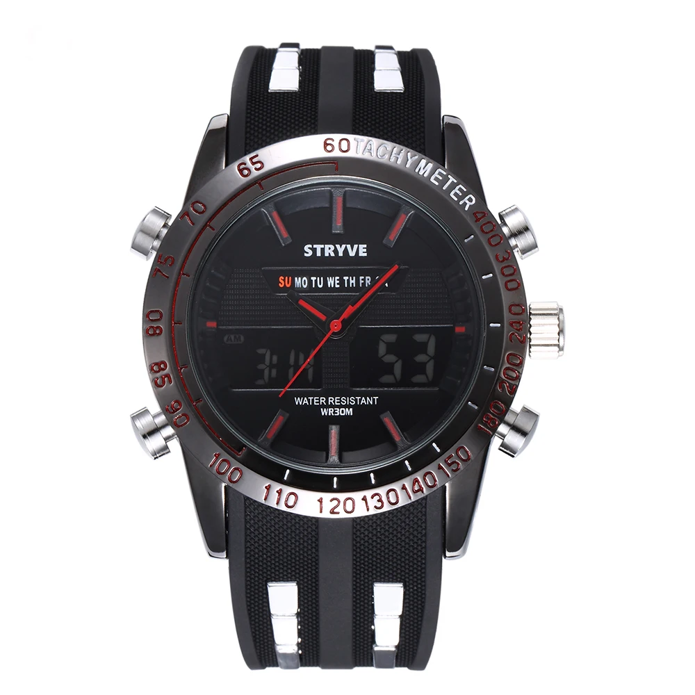 STRYVE Men Fashion Sport Dual Display Wristwatches Outdoor Quartz Digital Double Movement Watches Chronograph Alarm EL Light