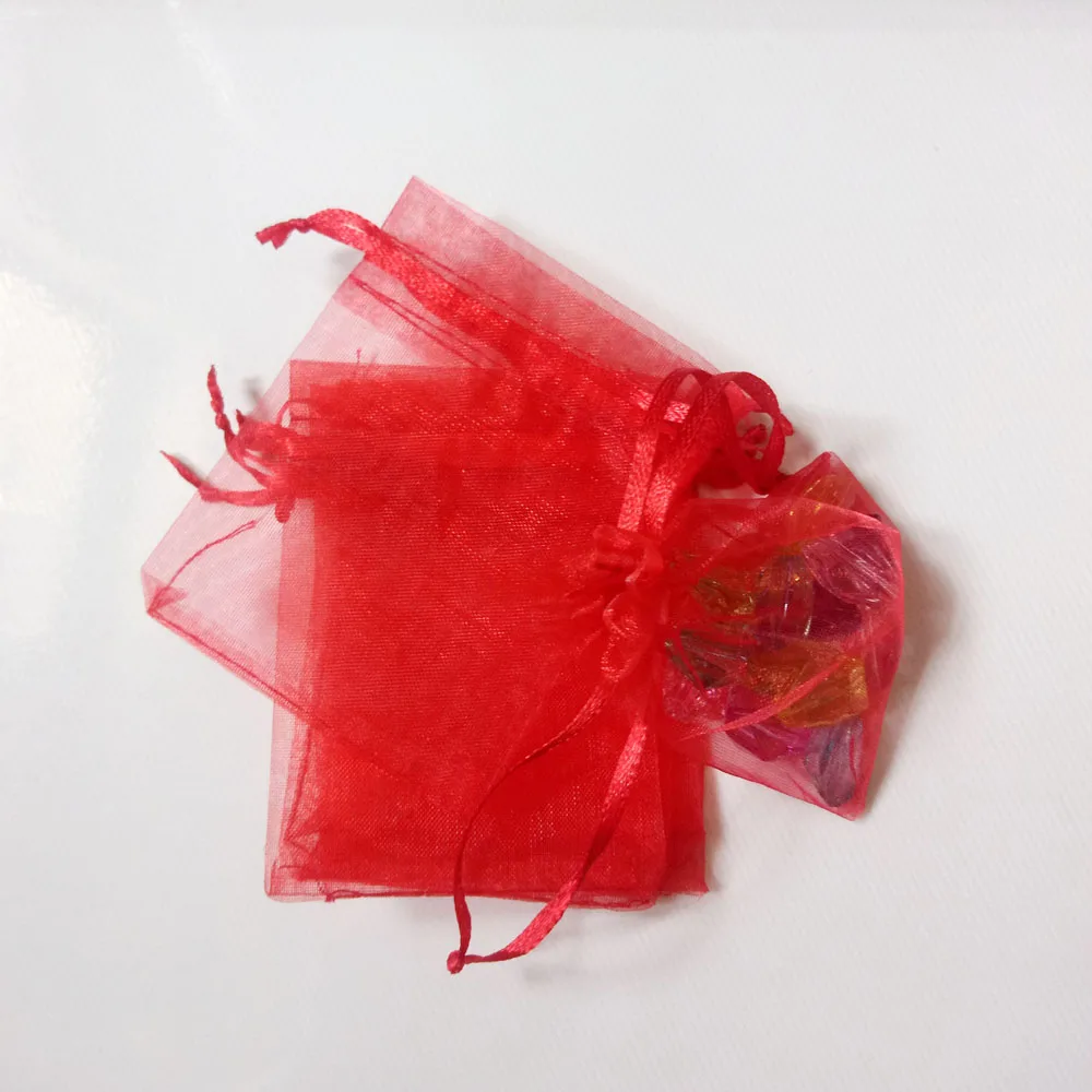 Bolsas de regalo rojas para joyería y embalaje, bolsa de Organza con cordón, almacenamiento de viaje para exhibición, bricolaje, 100 Uds.