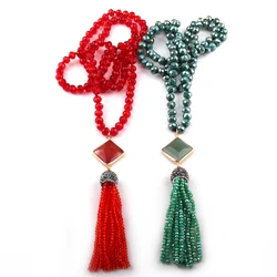 Fashion Bohemian Jewelry Red/Green Glass Crystal Knotted Crystal Tassel Necklaces For Women Ethnic Necklace