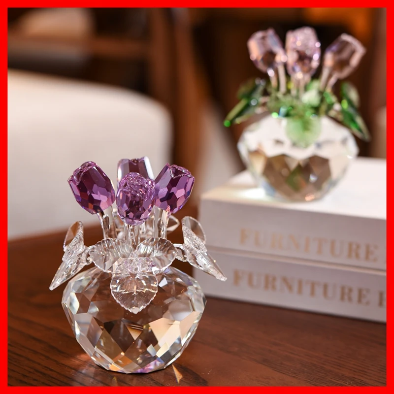 Souvenir Gift Crystal Red Rose Flower Figurine Spring Bouquet Sculpture Ornaments Gift-Boxed Home Wedding Decor Favors
