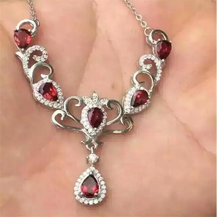 

Natural garnet necklace pendant Free shipping Real origin red garnet 925 sterling silver Fine jewelry 5*7mm 6pcs