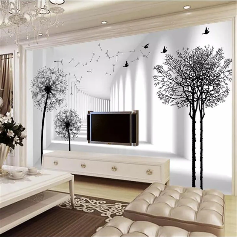 

wellyu Custom wallpaper 3d murals corridor dandelion trees birds TV background wall living room bedroom wallpaper papier peint