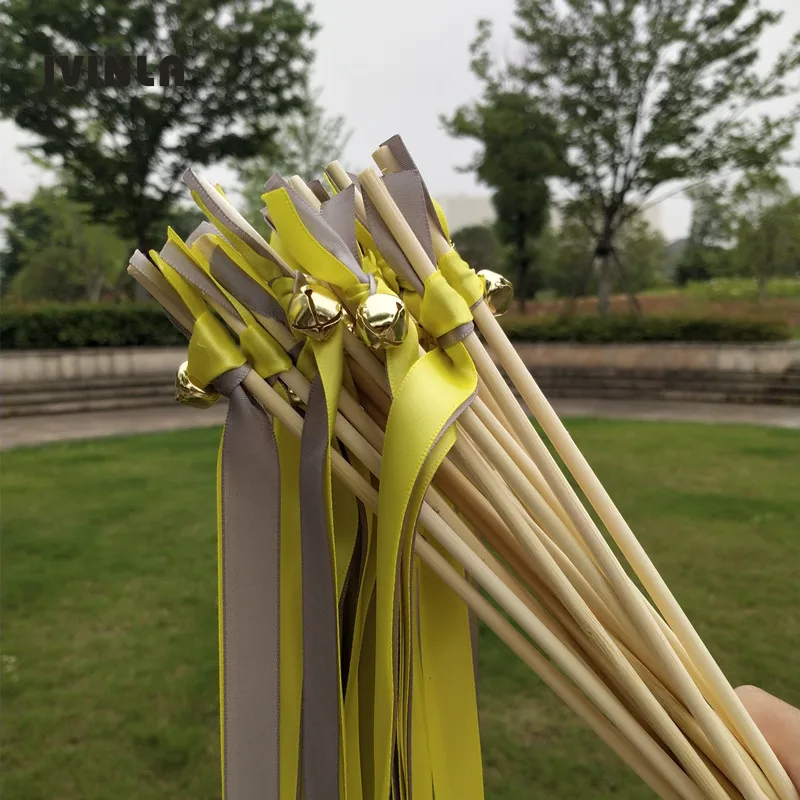 Newest 50pcs/lot yellow and grey wedding  wands with bell  for wedding decoration