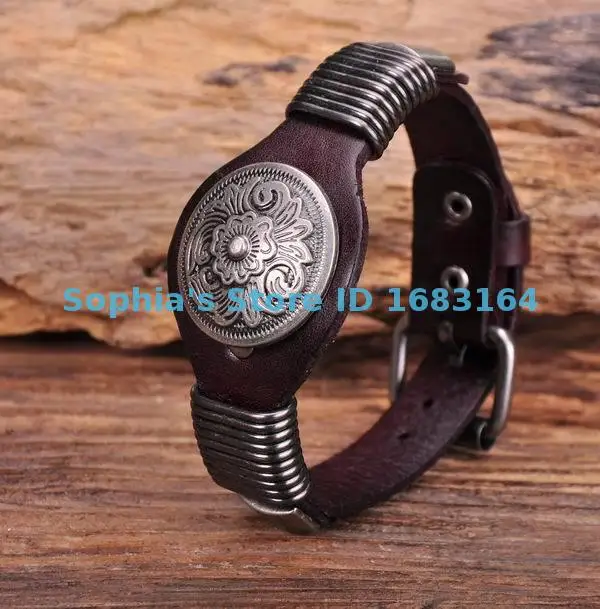 S542 Brown Biker Vintage Floral Studded Men\'s Leather Bracelet Wristband Cuff