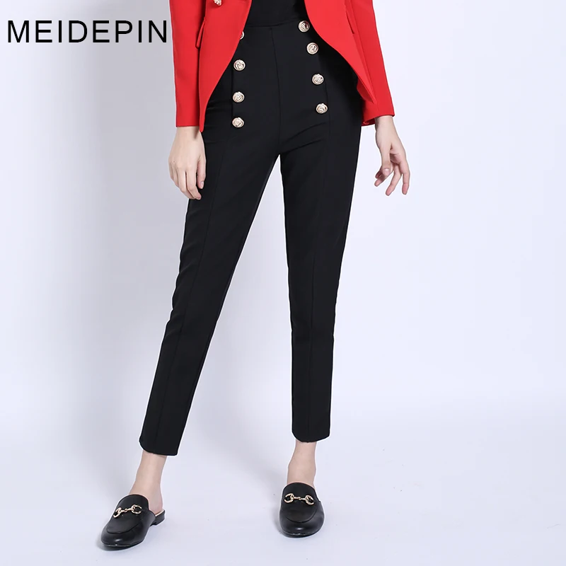 2023 Hot Selling Popular Style Elegant Women Solid Color Black & White Buttons Slim Penci Pants All-match Ankle-Length Capris