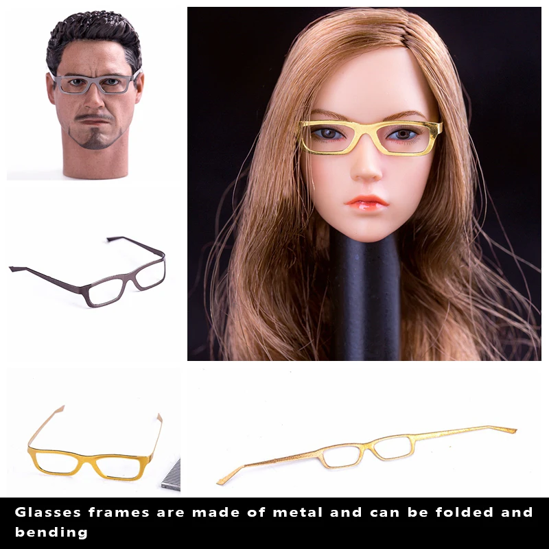 1/6 Scale Accessories Bendable Foldable 1/6 Glasses Frame Resin Retro Square Bk Iron+Golden Classic Vintage Style Glasses Frames