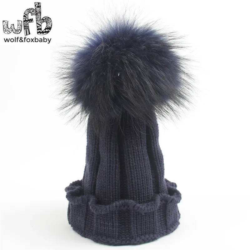 Retail 21cm*8cm Knitted cap Raccoon hair solidcolor hat baby children infant kids spring autumn fall winter