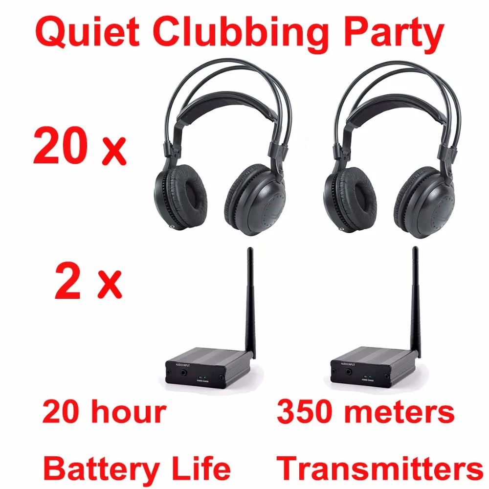 

Ultra Low Bass Silent Disco RF Wireless Headphones - Quiet Clubbing Party Bundle (20 Headsets + 2 Transmitters 500m Distance)