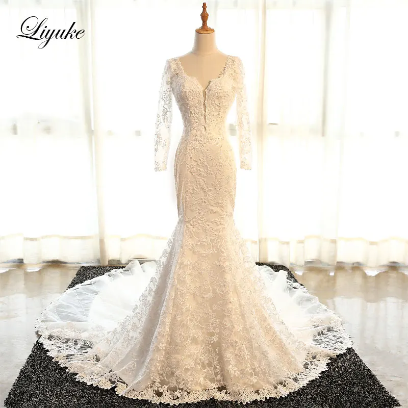 

Luxurious Lace Deep V-Neck Mermaid Wedding Dresses Full Sleeves Marvelous Beaded Appliques Backless Chapel Train Bride Dresses