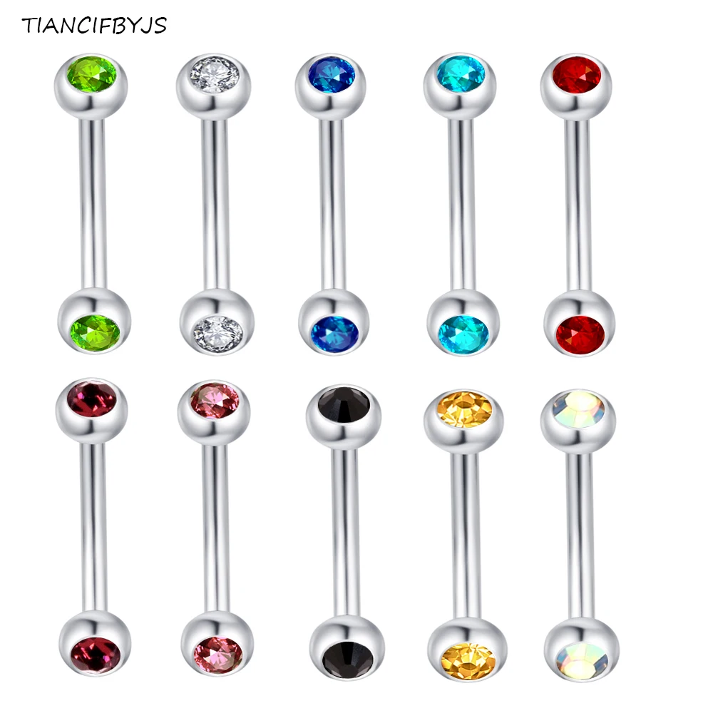 

TIANCIFBYJS Surgical Steel Double Gem Eyebrow Rings Curved Barbell 16 Gauge 1.2*8*3/3mm Body Jewelry 10 color Nose Labret Bar