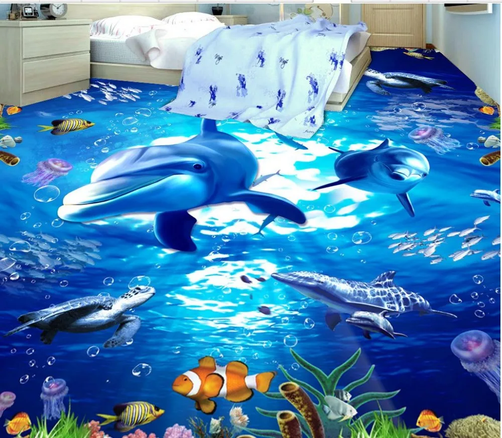 3d floor wallpapers Custom Photo self-adhesive 3D floor Underwater World Dolphin aquatic turtles PVC waterproof floor