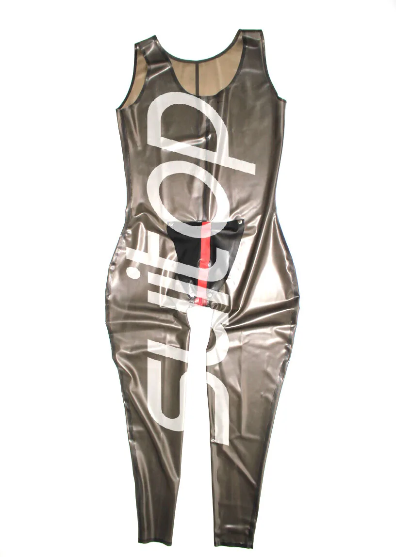 two color latex sportswear catsuit with crotch zipped  and  cod pieces CATSUITOP MEN'S BODY SUITS in transparent black