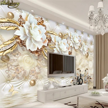 Aangepaste Behang Grote Muurschildering 3d Luxe Witte Bloemen Zachte Tas Bal Sieraden Tv Muur Papel De Parede 3D Muur Papier home Decoratie