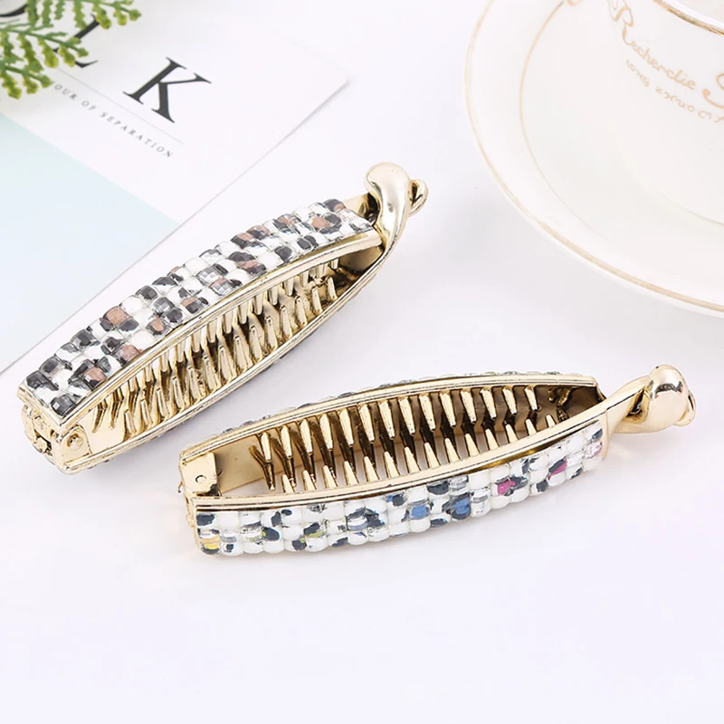 Gold Color Hair Barrettes for Women Accessories Rhinestone Long Banana Hairpins Hairclip Hair Claw Clip Femme Jewelry Gifts