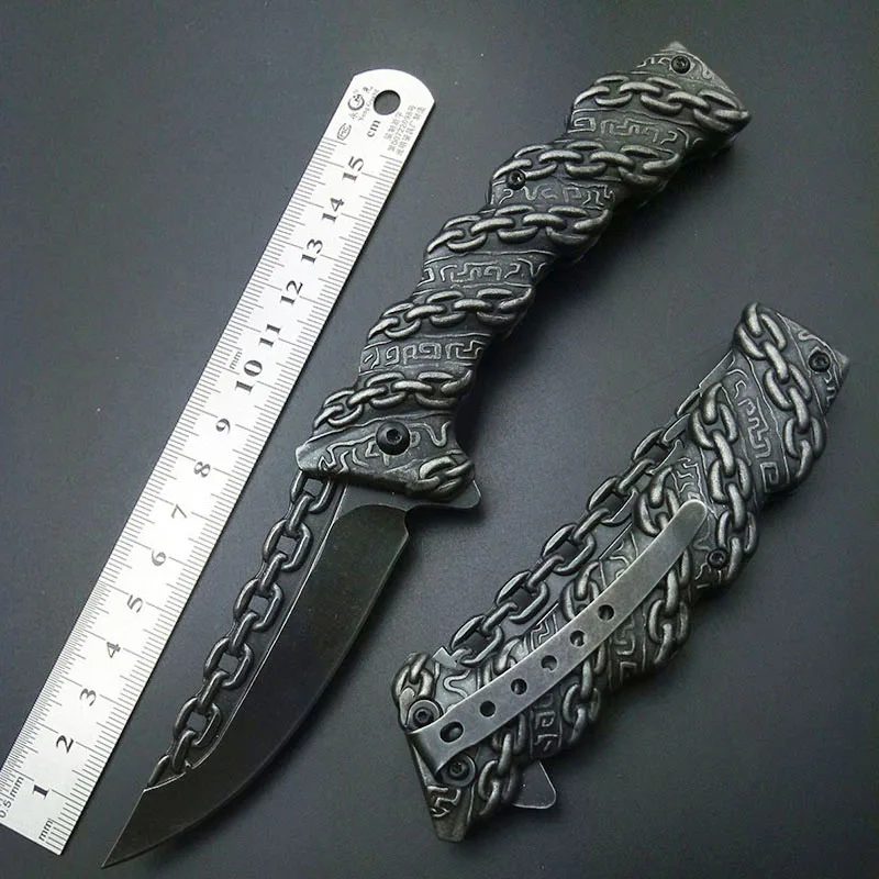 

Stonewash Chain Folding Knife Tactical Folding Blade Knives Outdoor tools Top Quality Carving knifes all Stainless Steel 3D